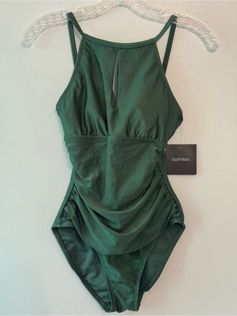 Ellen Tracy Forest Green Ribbed High-Neck One-Piece Swimsuit